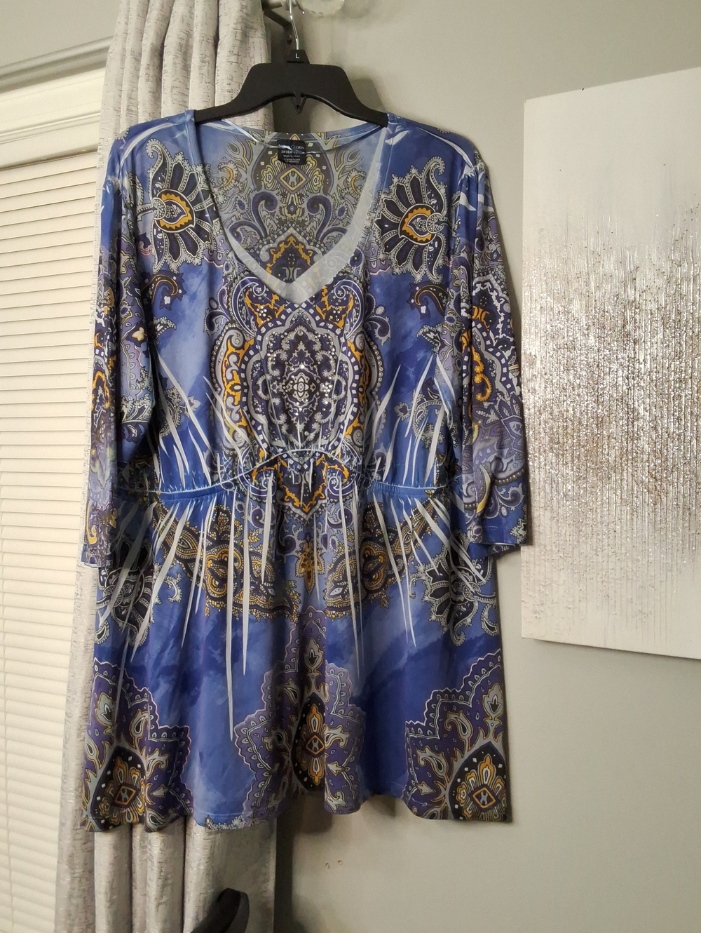 Faded Glory Blue Paisley V-Neck Tunic with Yellow Accents